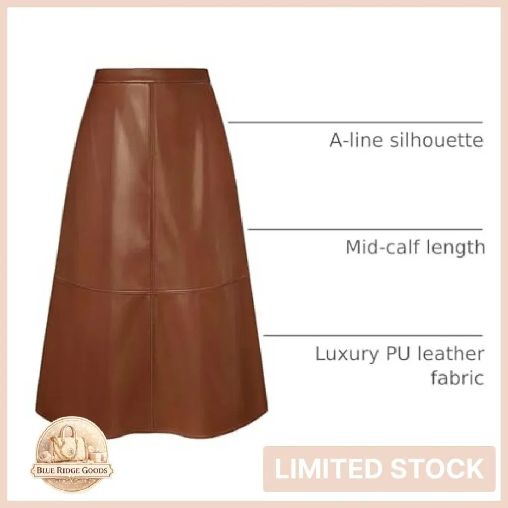 Faux Leather A-Line Midi Skirt High Waist Fall Winter Chic Elegant
